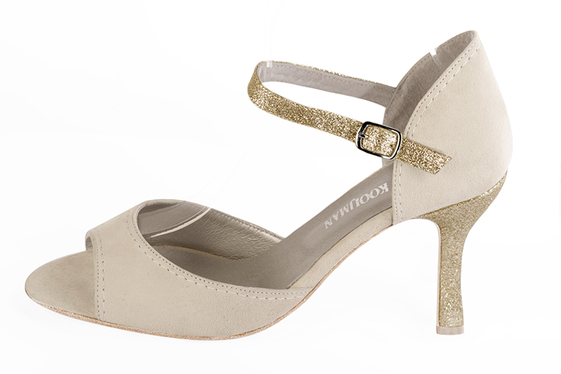 Champagne white and gold women's closed back sandals, with an instep strap. Round toe. High spool heels. Profile view - Florence KOOIJMAN